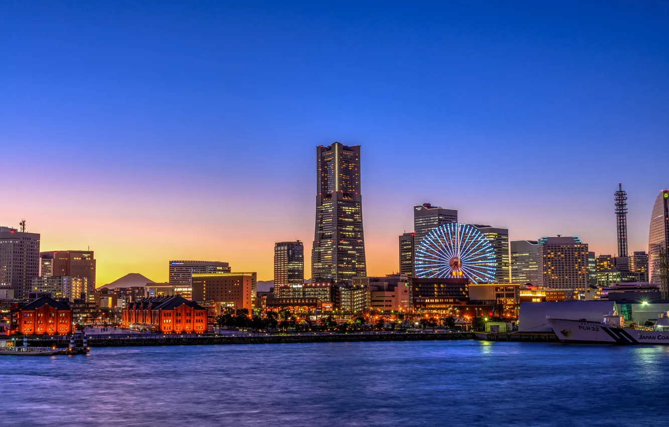 Фото обои небо, закат, огни, Япония, горизонт, колесо обозрения, Йокогама