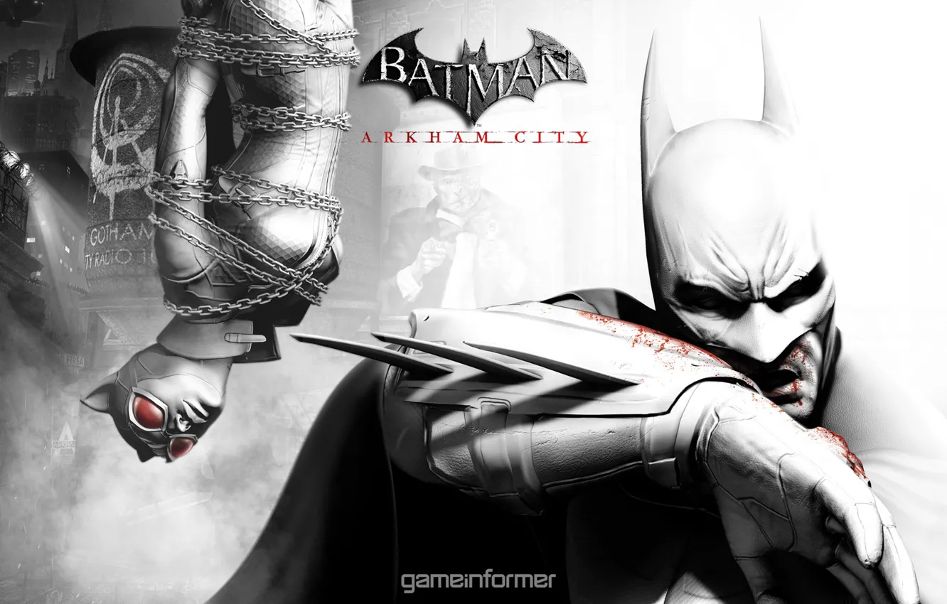 Фото обои Игра, Бэтмен, Batman: Arkham City, Аркхем, GAME INFORMER, Женщина кошка