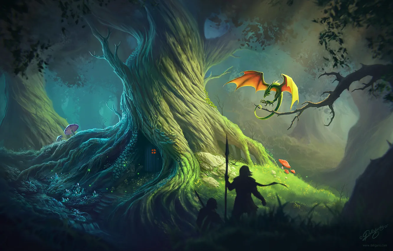 Фото обои лес, дерево, дракон, Deligaris