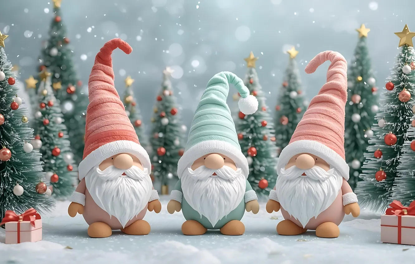 Фото обои зима, снег, новый год, Рождество, дед мороз, Санта Клаус, трио, гном