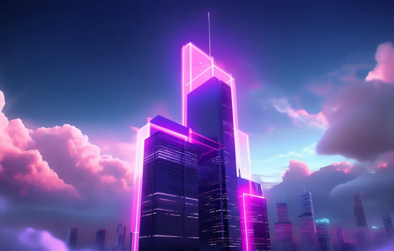 Фото обои небо, облака, будущее, фантастика, небоскреб, пурпур, архитектура, skyscraper