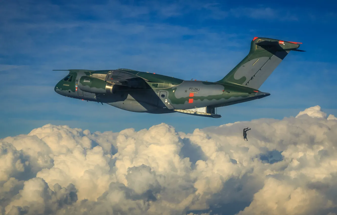 Фото обои FAB, Embraer, KC-390, military aircraft, Força Áerea Brasileira, Brazilian Air Force, paratrooper