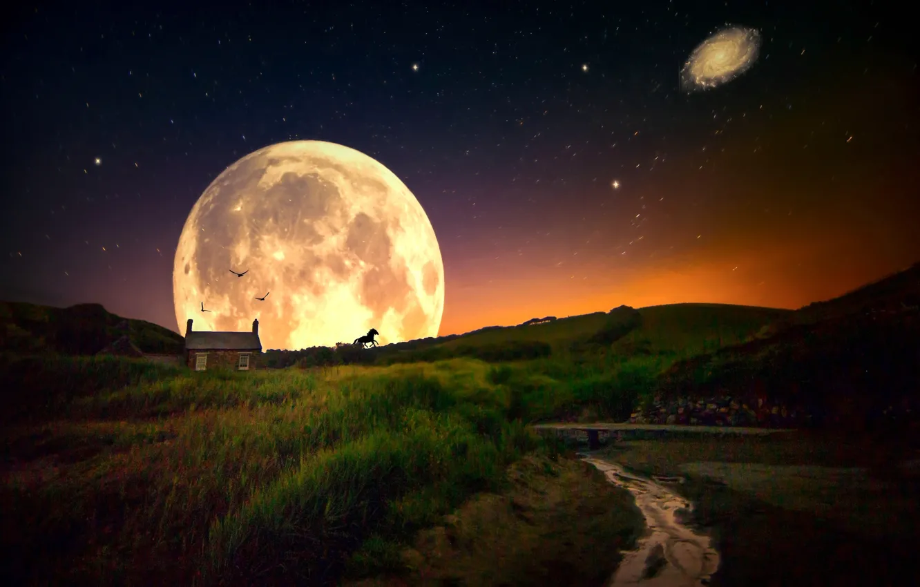 Фото обои звезды, пейзаж, ночь, дом, коллаж, Луна, силуэт, галактика