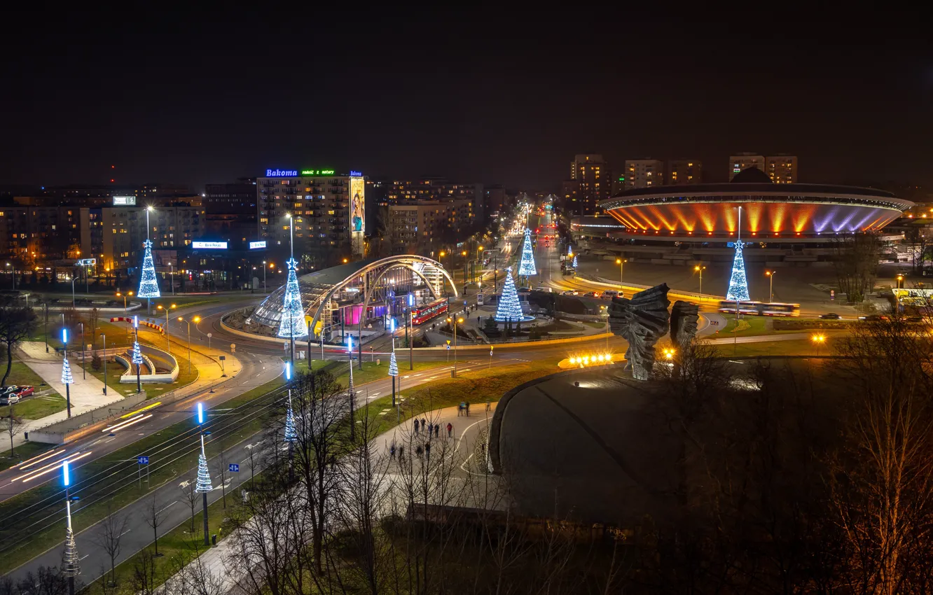 Фото обои огни, вечер, Польша, Katowice, новогоднее убранство
