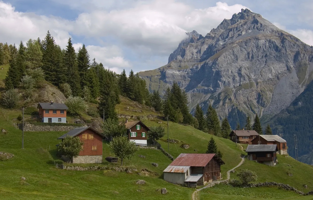 Фото обои горы, деревня, швейцария