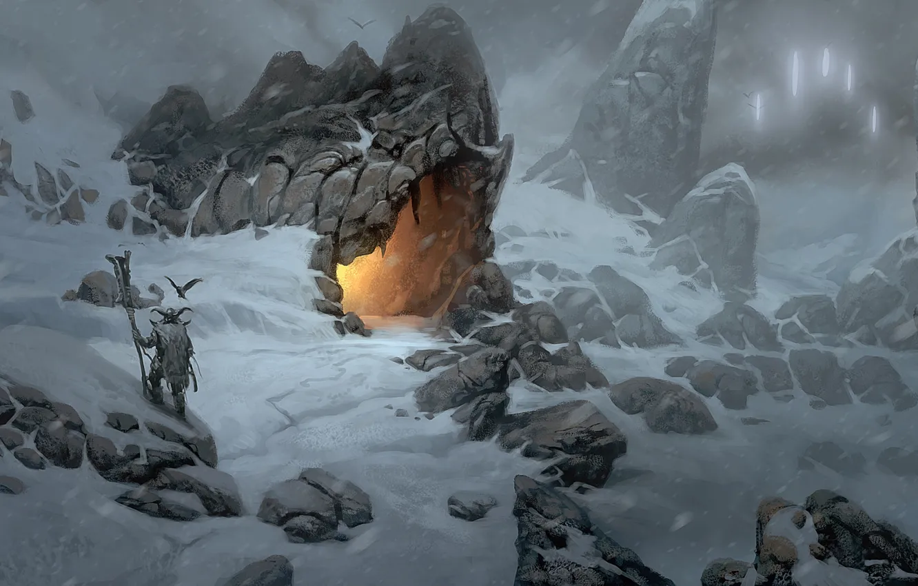 Фото обои снег, горы, огонь, арт, пещера, викинг