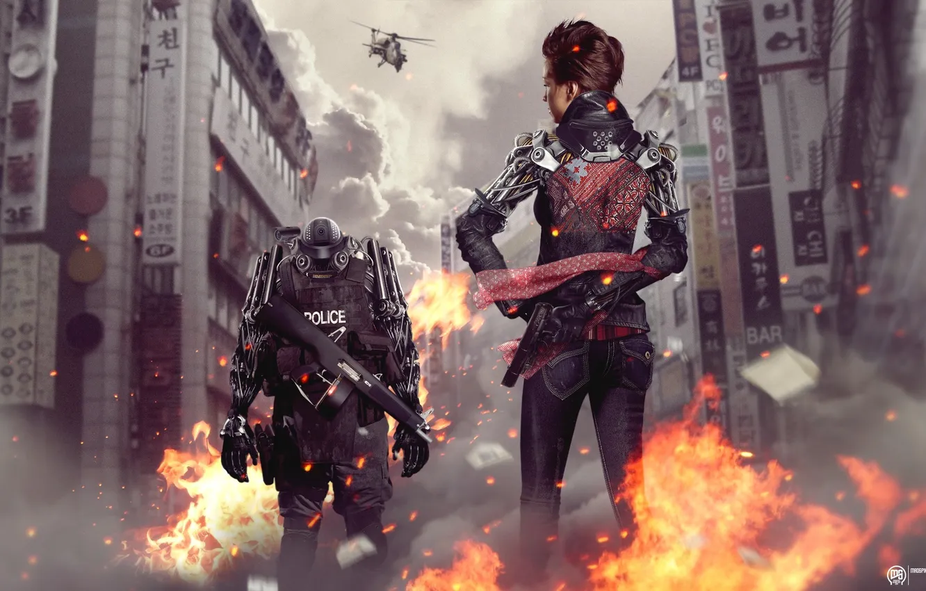 Фото обои город, оружие, пламя, робот, Девушка, вертолет, киборг, фотоманипуляция