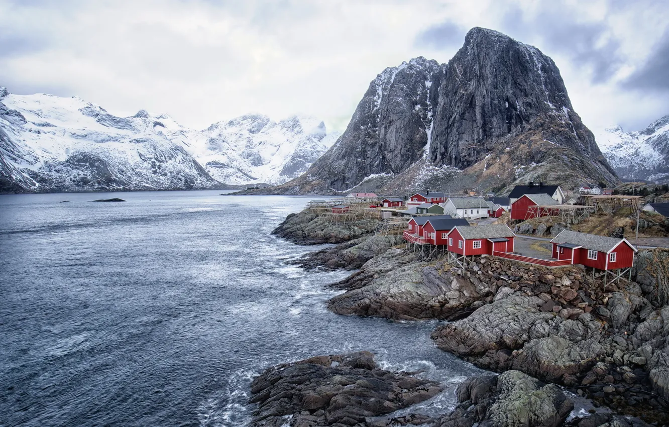 Фото обои море, горы, дома, Норвегия