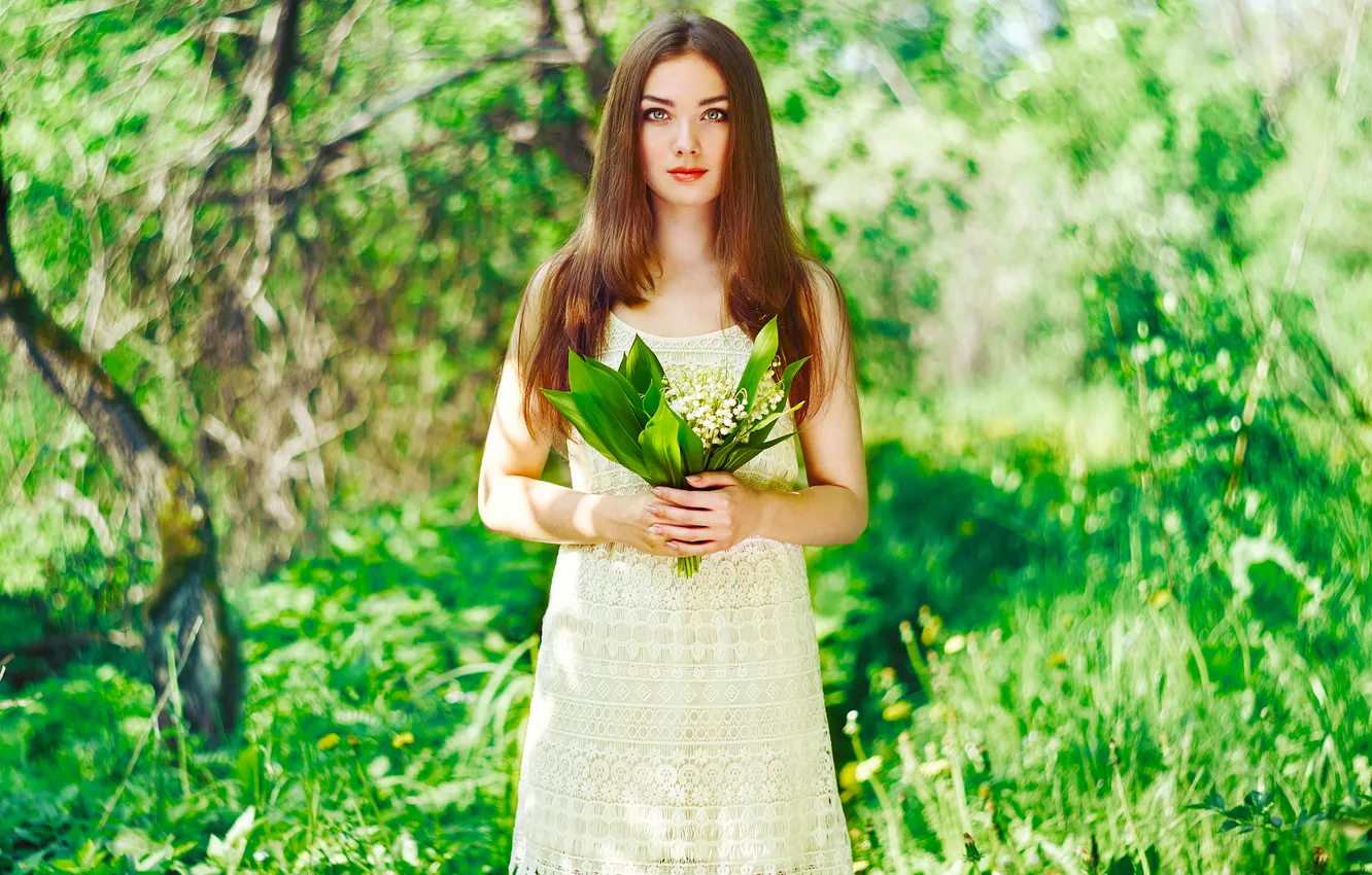 Фото обои Girl, Beautiful, Brunette, Wood, Green, Flowers, Colorful, Female