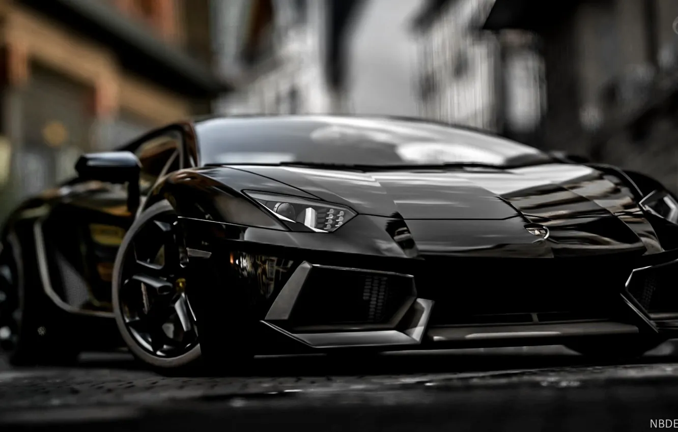 Фото обои Черный, Lamborghini, Сила, Aventador, Размытый фон, Спорт-кар