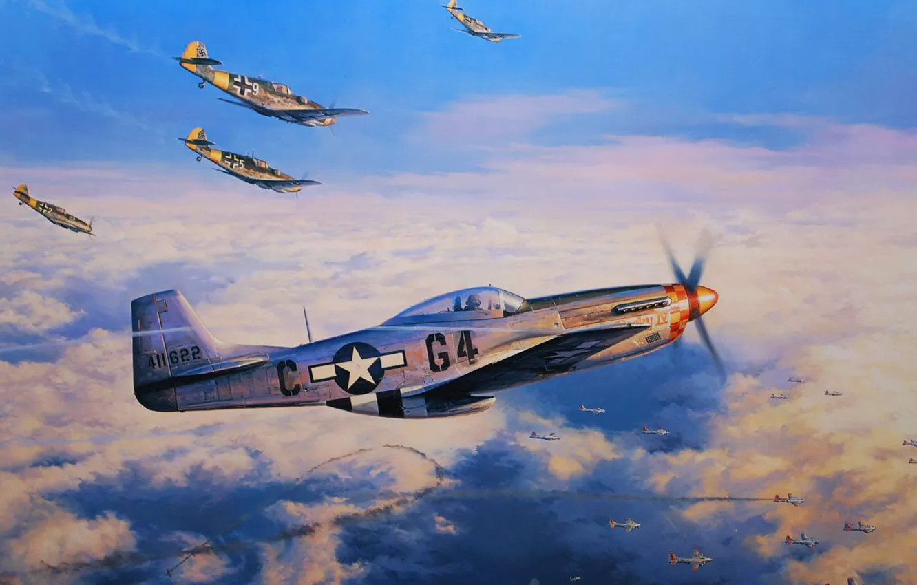 Фото обои война, рисунок, мустанг, hot pursuit, налёт, fw-190, nicolas trudgian, b-17