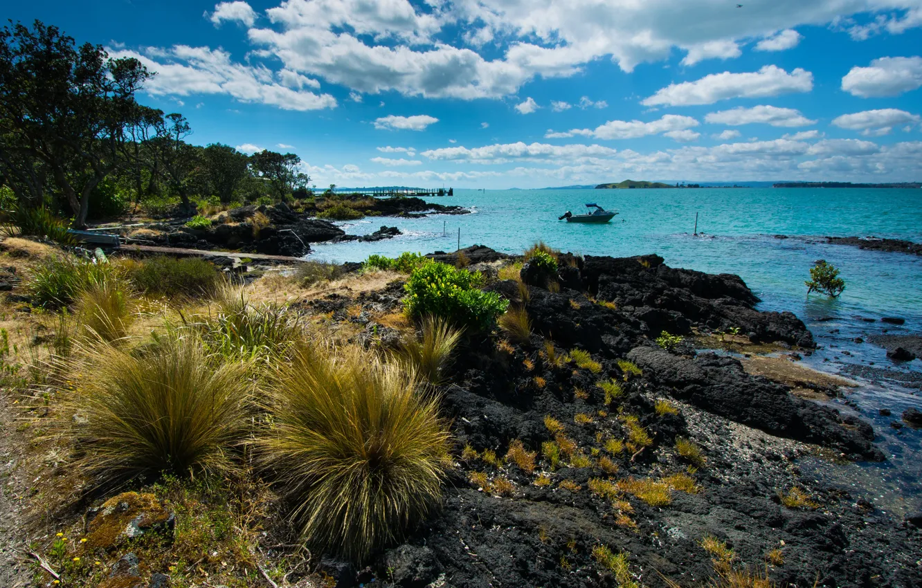 Фото обои море, небо, облака, побережье, Новая Зеландия, слнце, Rangitoto Island