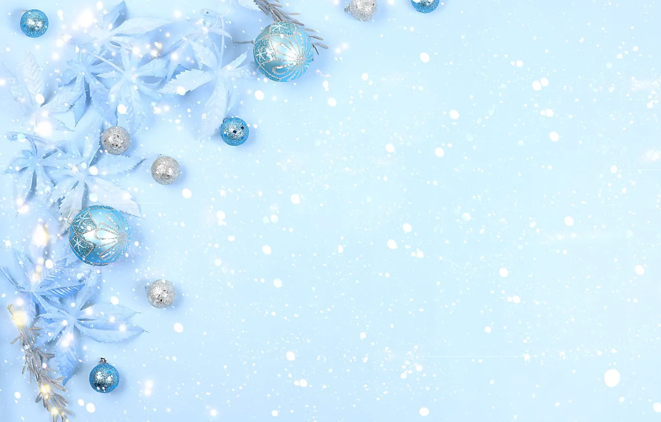 Фото обои листья, фон, праздник, голубой, цвет, Рождество, Новый год, снегопад