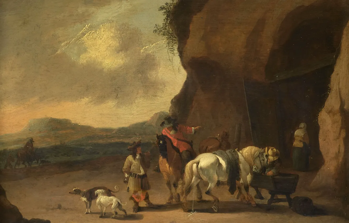 Фото обои пейзаж, масло, картина, 1719, Pieter Bout, Питер Баут, Придорожная стоянка
