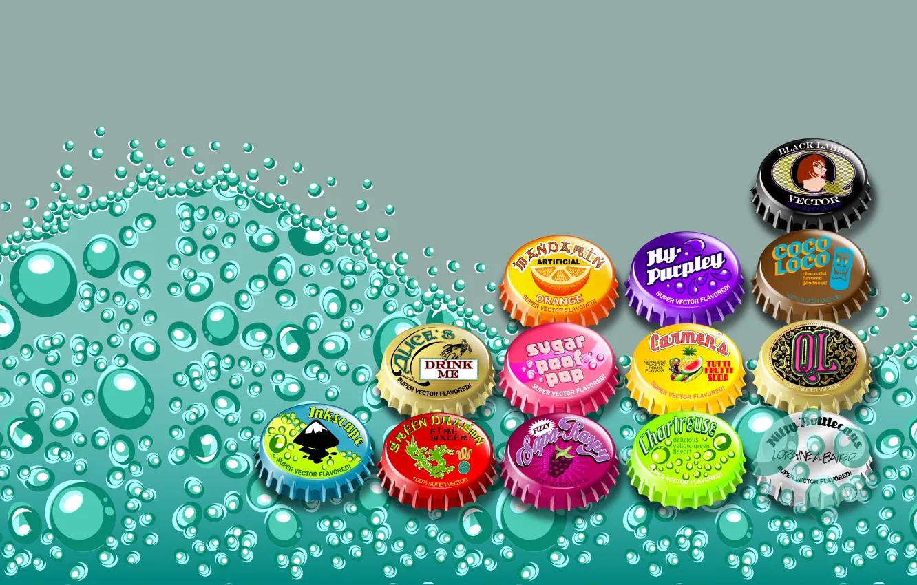 Фото обои пузырьки, вектор, крышки, яркие цвета, газированный напиток, разноцветные крышечки