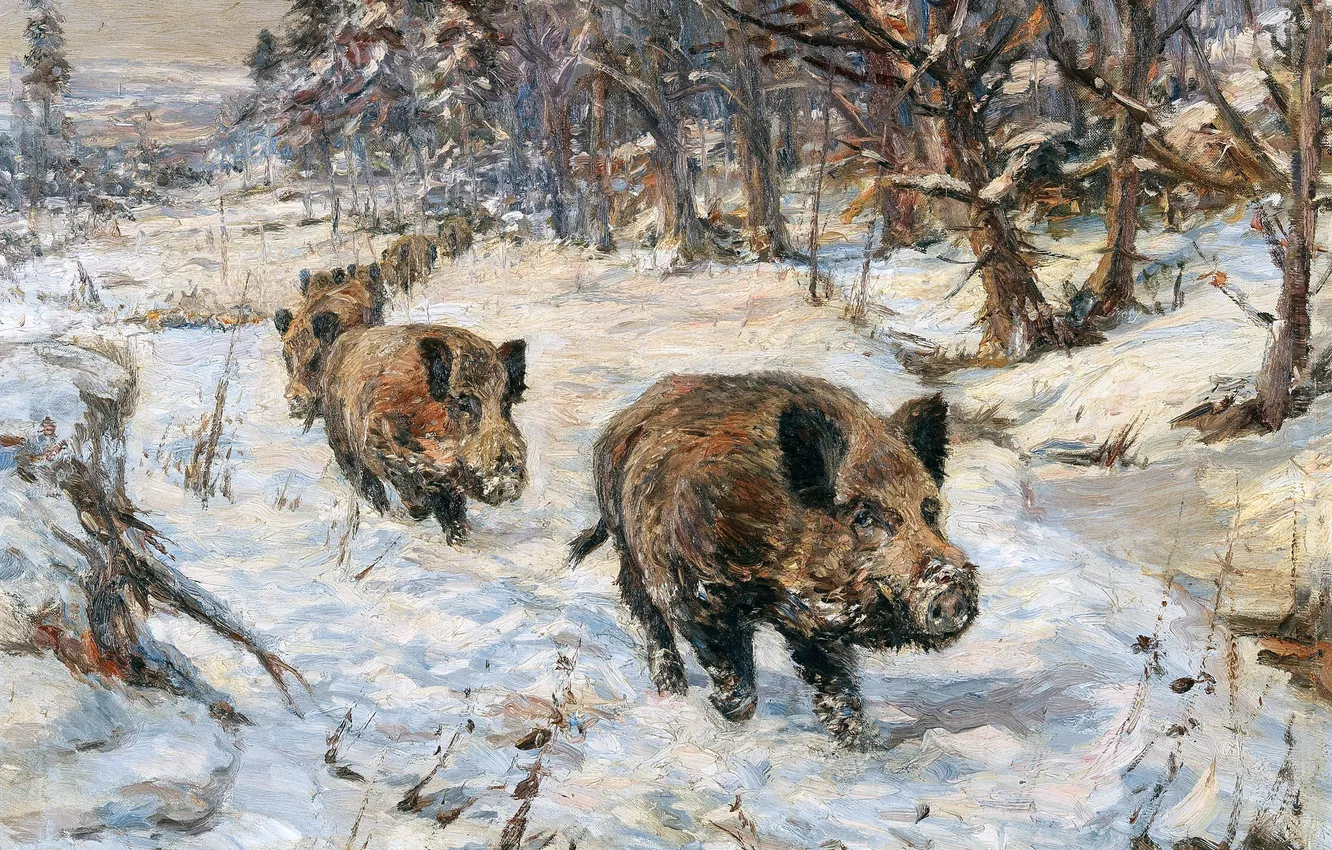 Фото обои Зима, Деревья, Снег, Картина, Немецкий художник, Wilhelm Lorenz, Кабаны, Вильгельм Лоренц