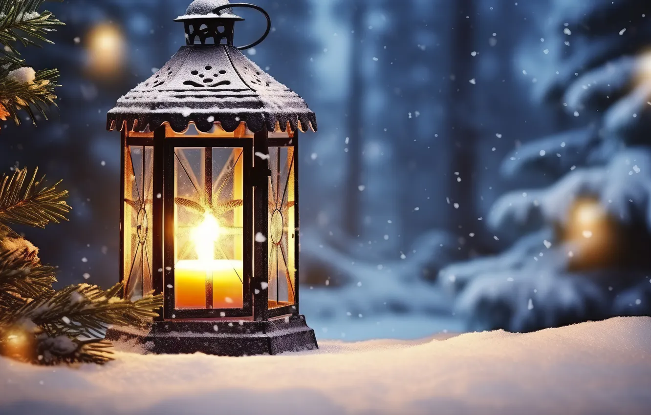 Фото обои зима, снег, ночь, Рождество, фонарь, Новый год, Christmas, night