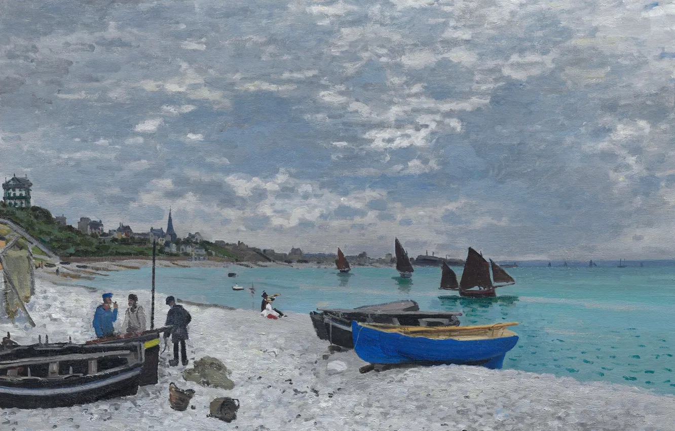 Фото обои пейзаж, лодка, картина, парус, Клод Моне, Пляж в Сент-Адрессе