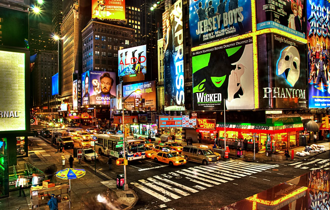 Фото обои машины, улица, вечер, реклама, перекресток, нью-йорк, new york