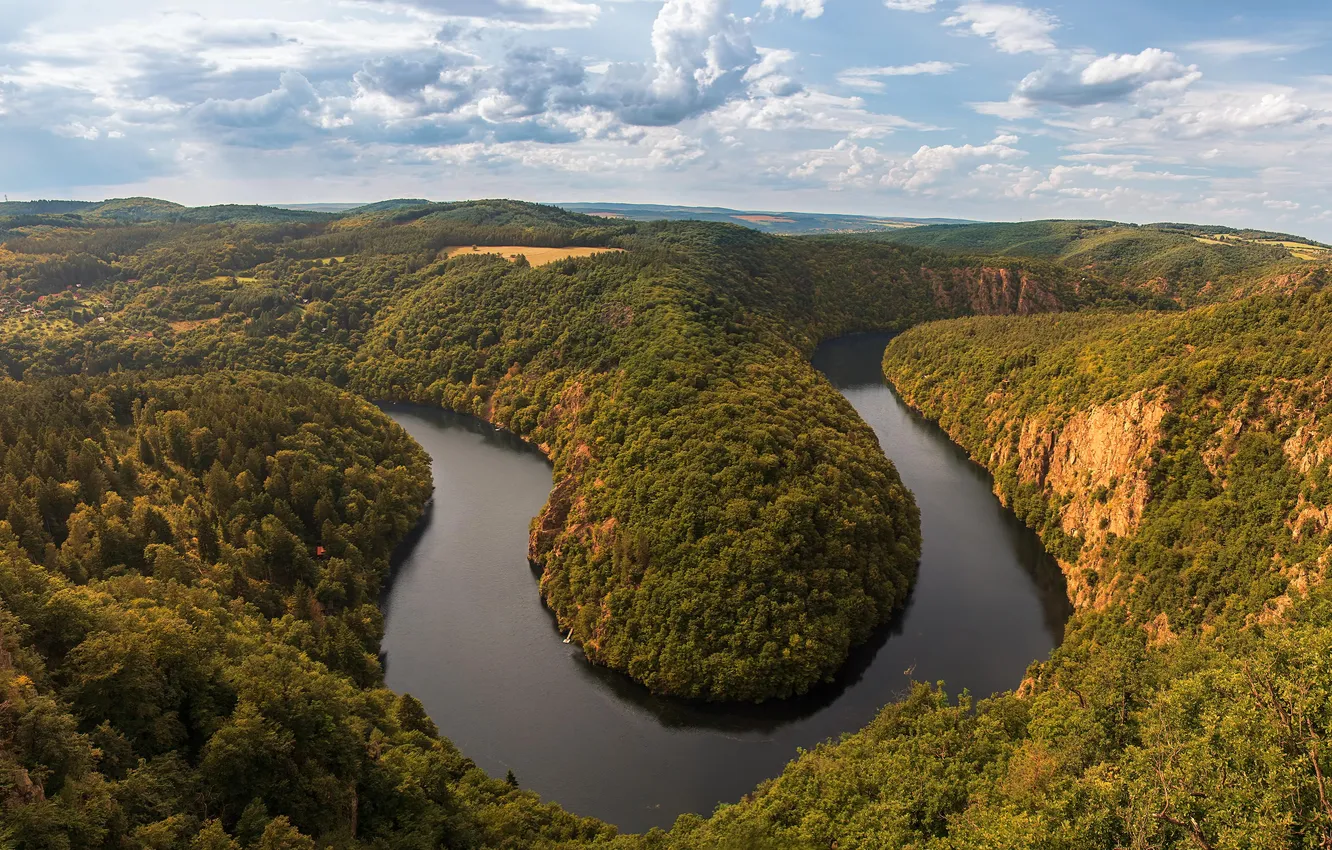 Фото обои лес, небо, облака, деревья, пейзаж, горы, природа, река