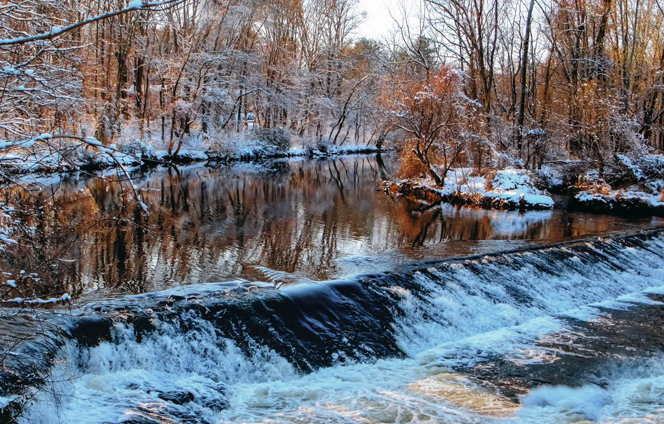 Фото обои зима, лес, река, поток, порог