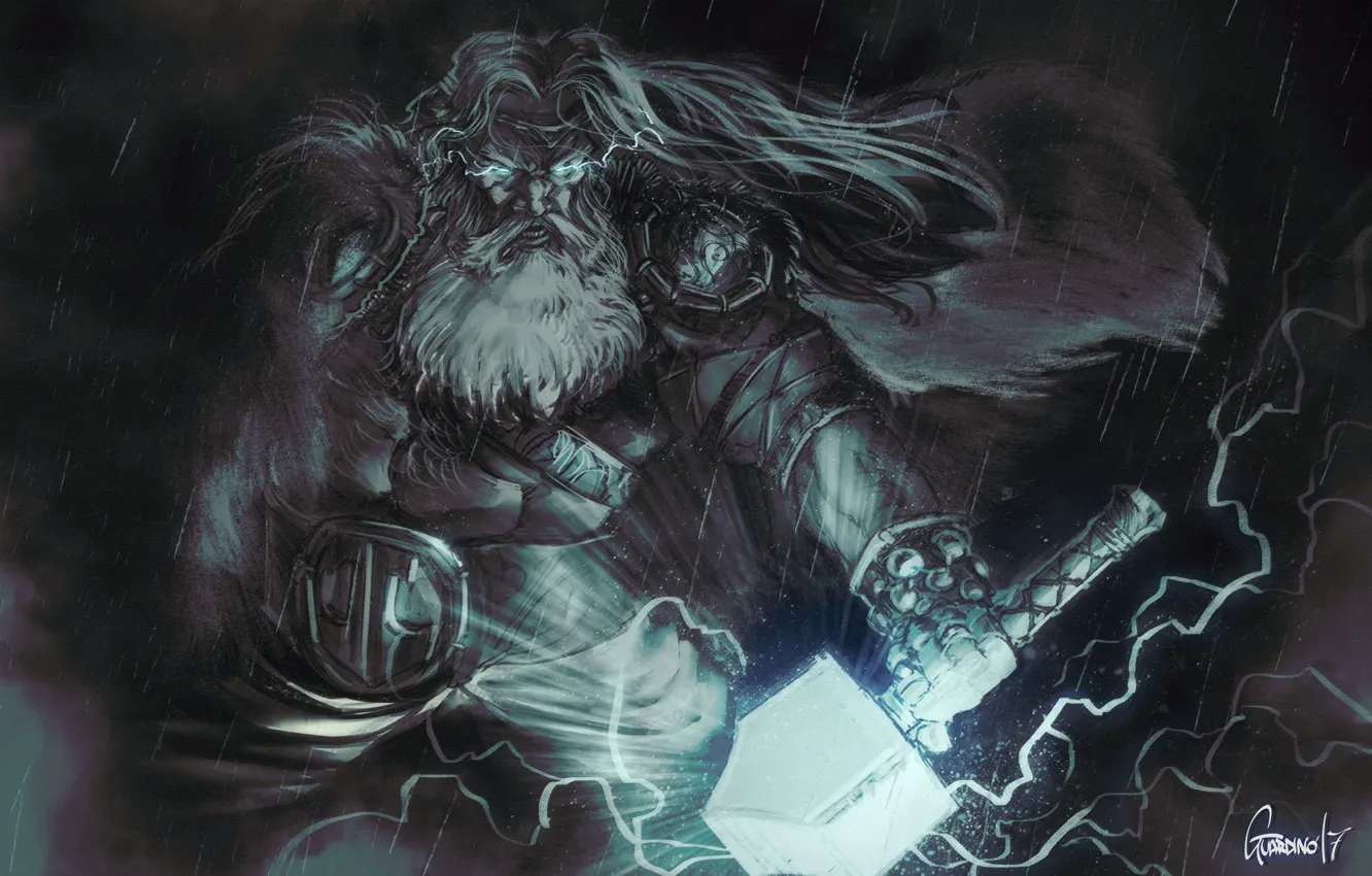Фото обои Рисунок, Молнии, Fantasy, Арт, Art, Thor, Тор, Бог