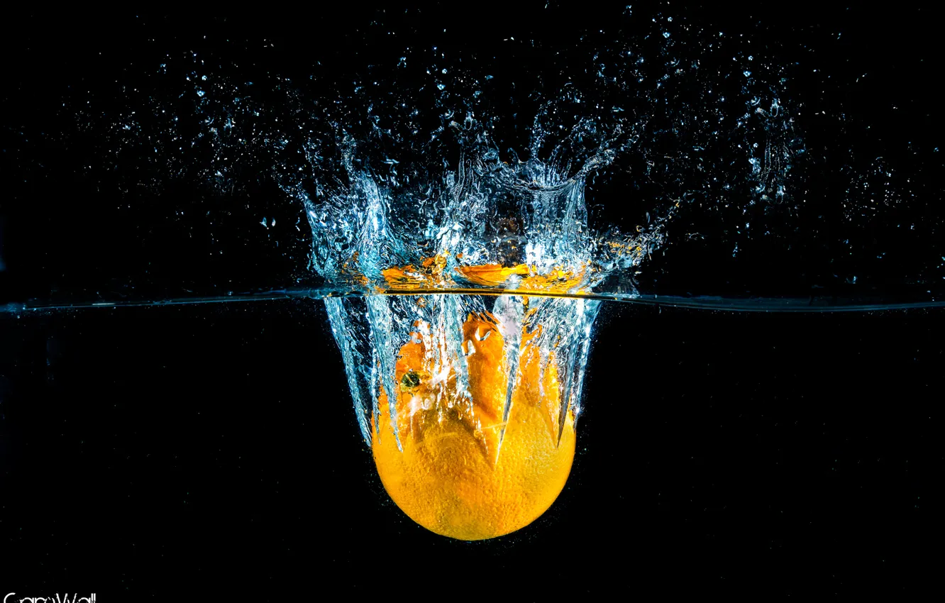 Фото обои вода, брызги, лимон, апельсин, всплеск, цытрус