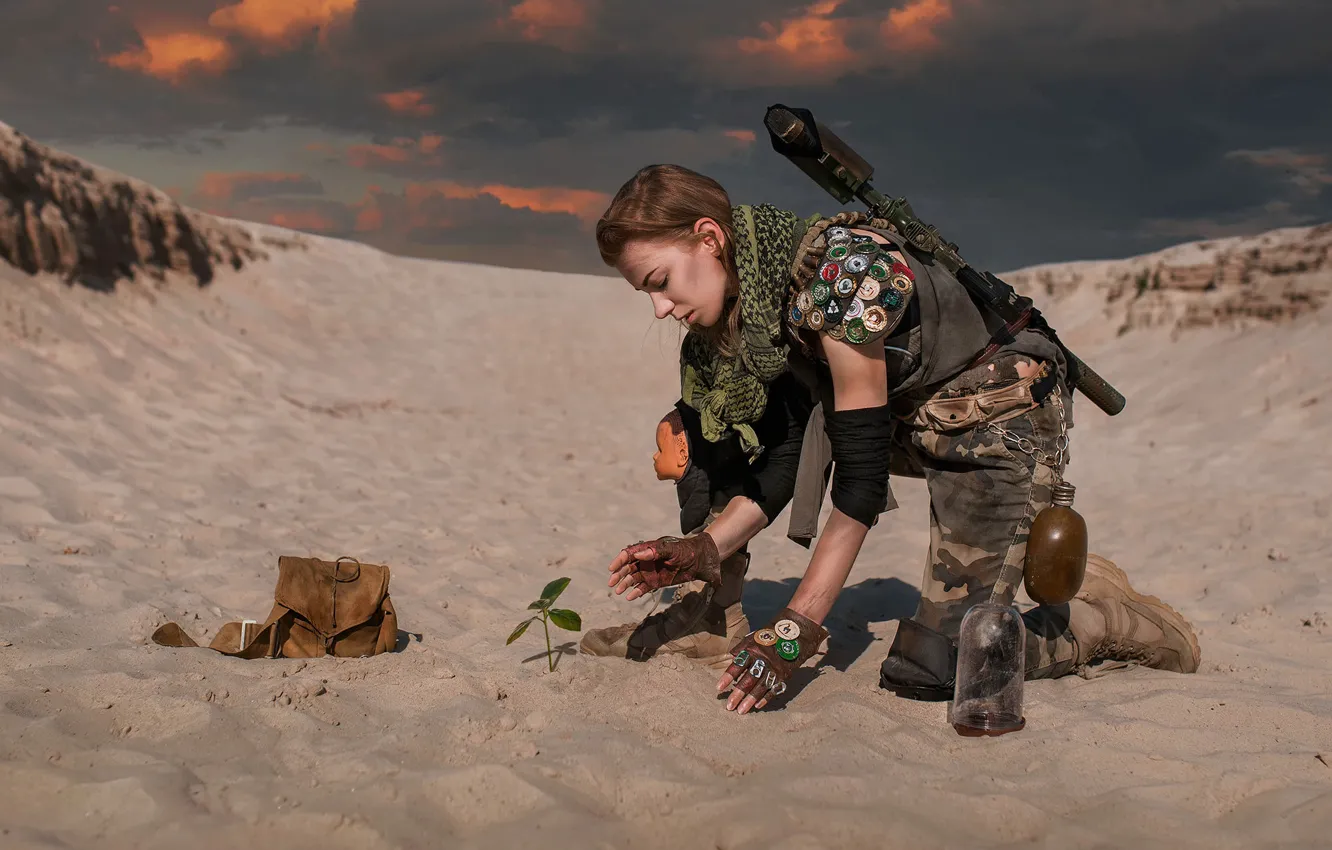 Фото обои девушка, оружие, пустыня, Dima Begma, New life