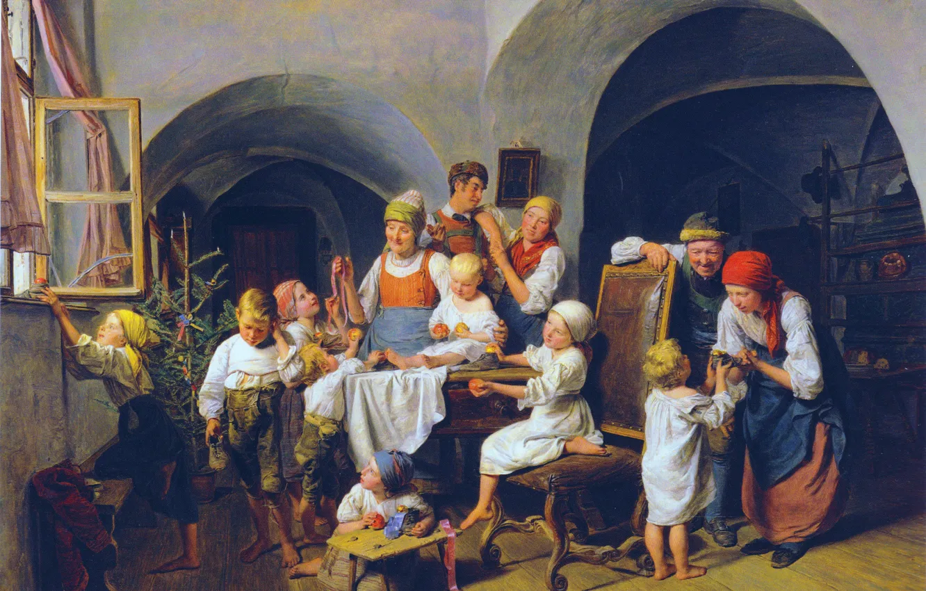Фото обои Дети, Люди, Рождество, Картина, Фердинанд Георг Вальдмюллер, Ferdinand Georg Waldmüller, Австрийский живописец, Рождественское утро