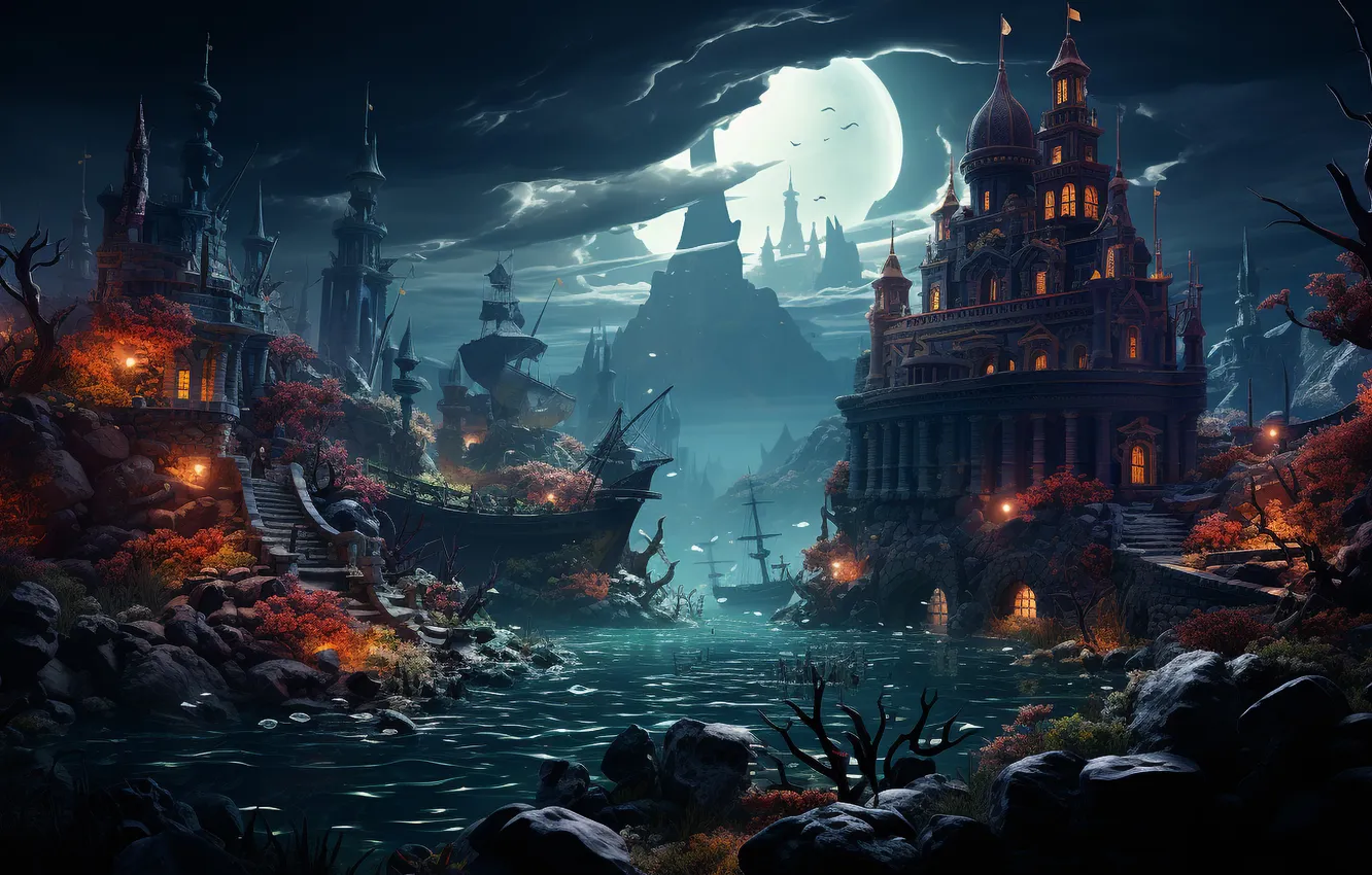 Фото обои Облака, Дома, Дорога, Огни, Ночь, Деревья, Луна, Halloween