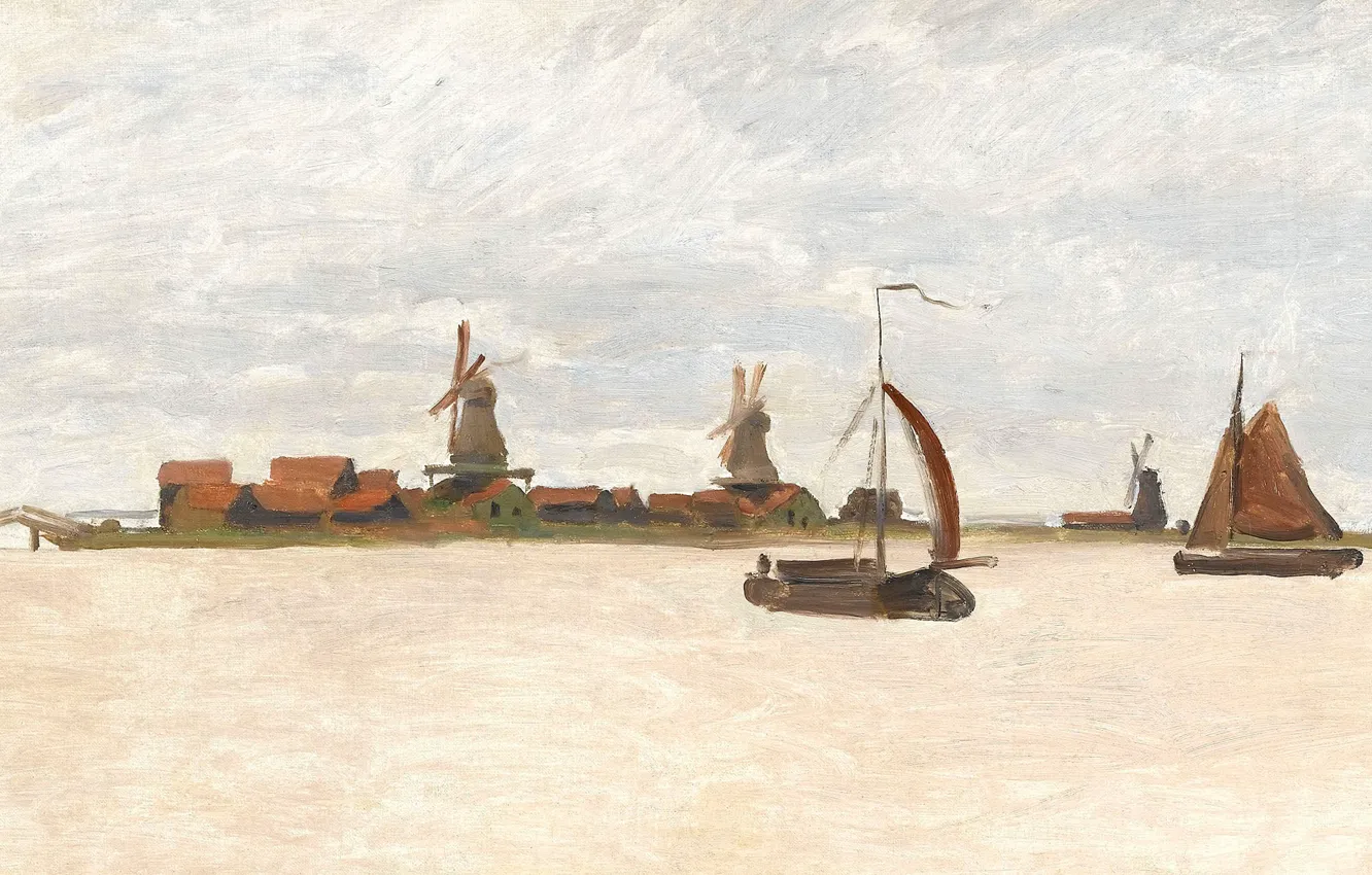 Фото обои пейзаж, лодка, картина, парус, Клод Моне, ветряная мельница, The Voorzaan