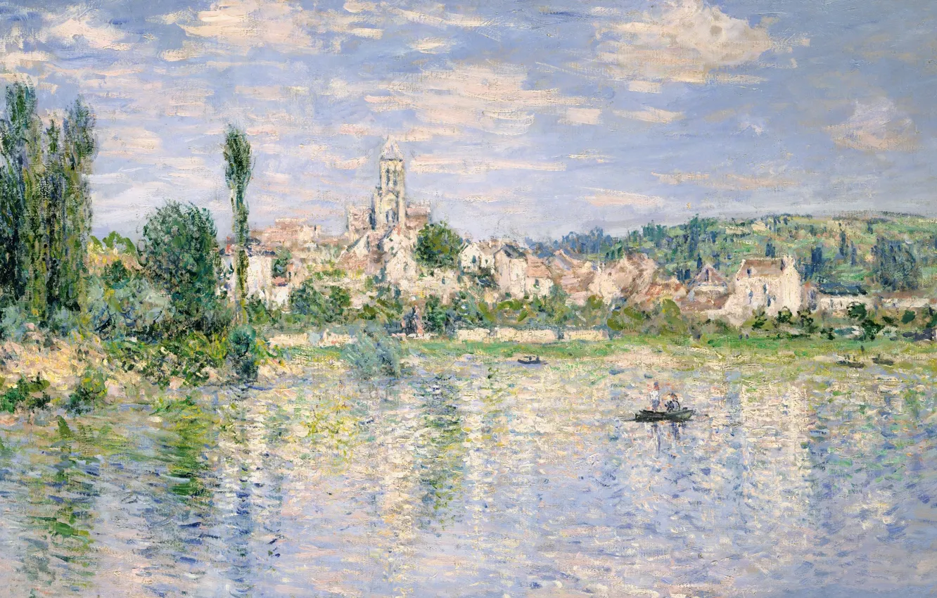 Фото обои пейзаж, река, лодка, картина, Клод Моне, Ветёй Летом