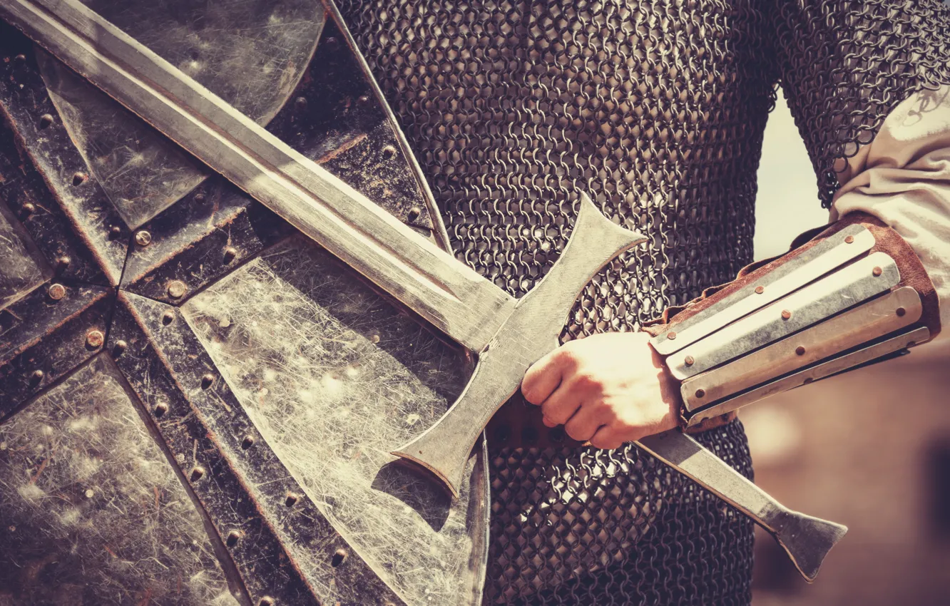 Фото обои armor, shield, long sword, armor meshes, medieval soldier