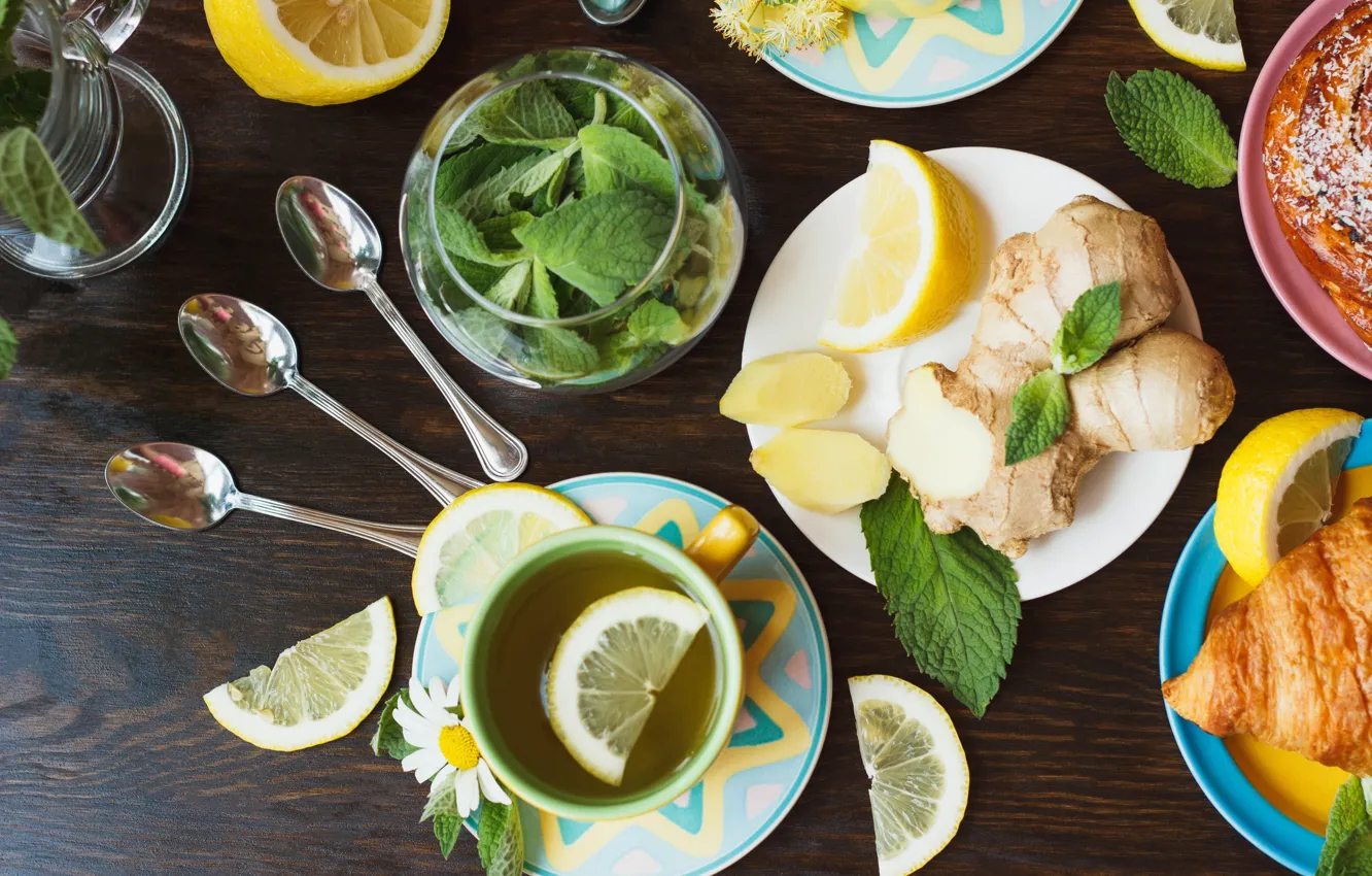 Фото обои лимон, цитрус, мята, имбирь, Чай, Напитк
