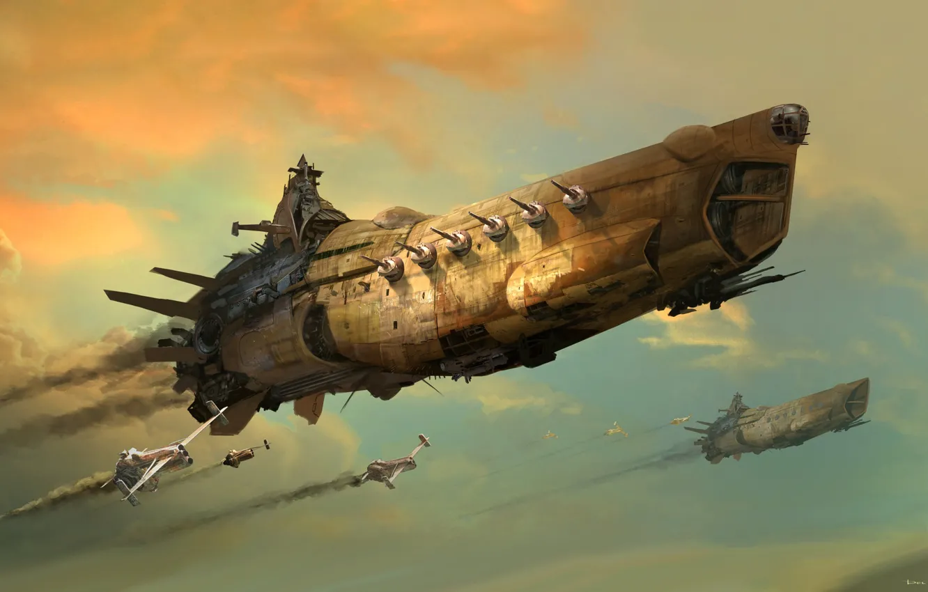 Фото обои Небо, Рисунок, Корабль, Судно, Арт, Фантастика, battleship, Eddie Del Rio