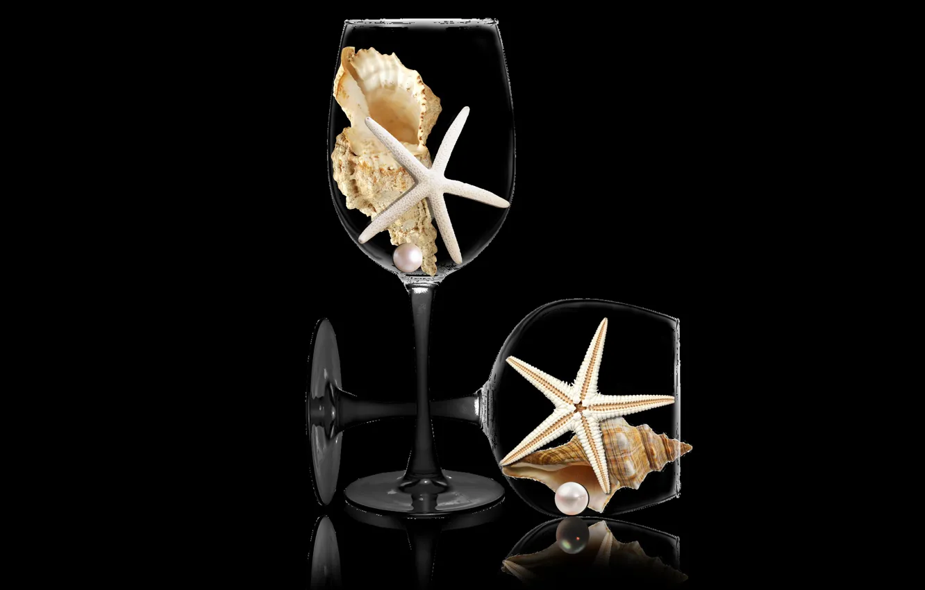 Фото обои cups, shells, pearls, star fishes