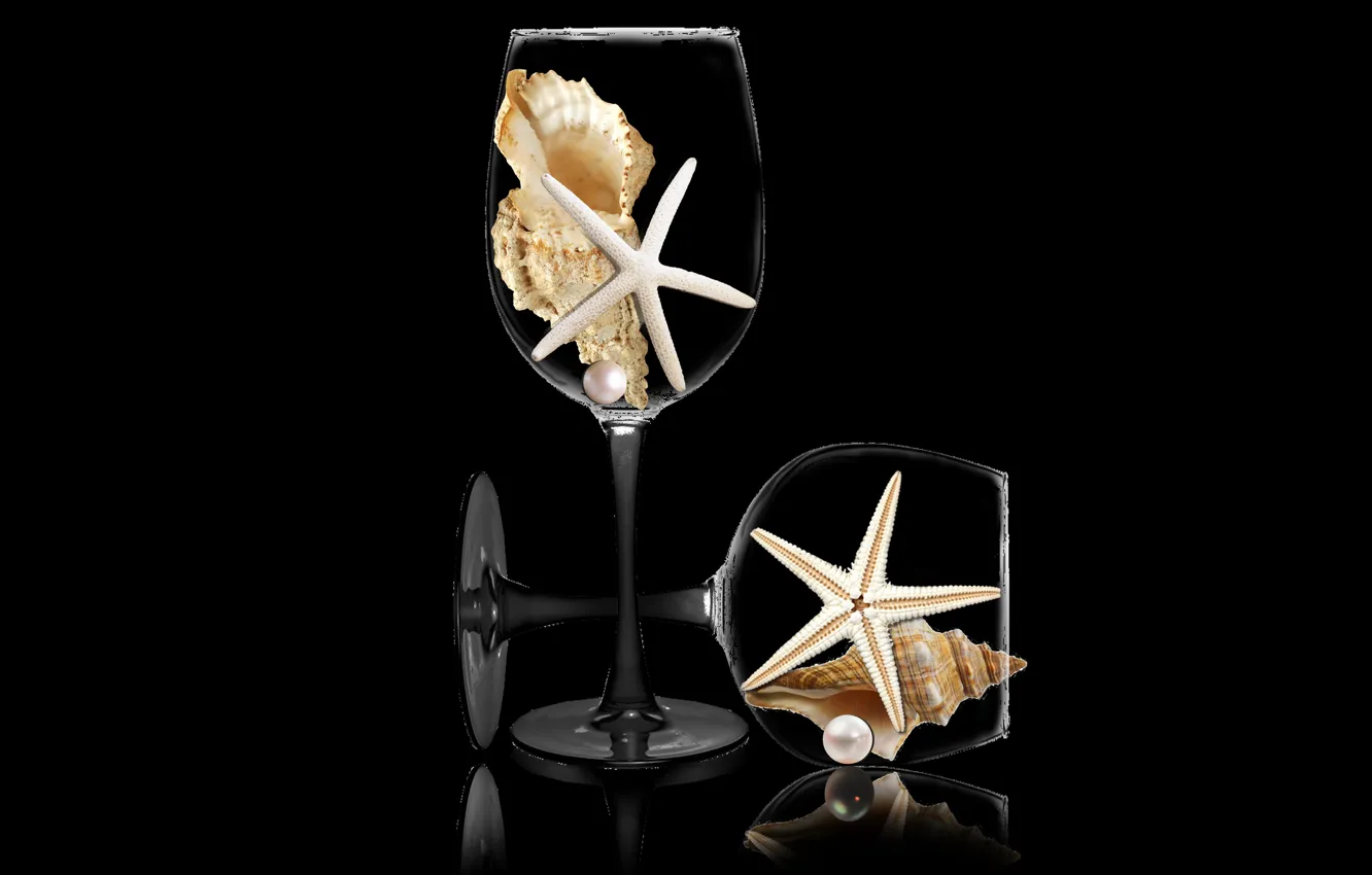 Фото обои Pearls, cups, shells, star fishes