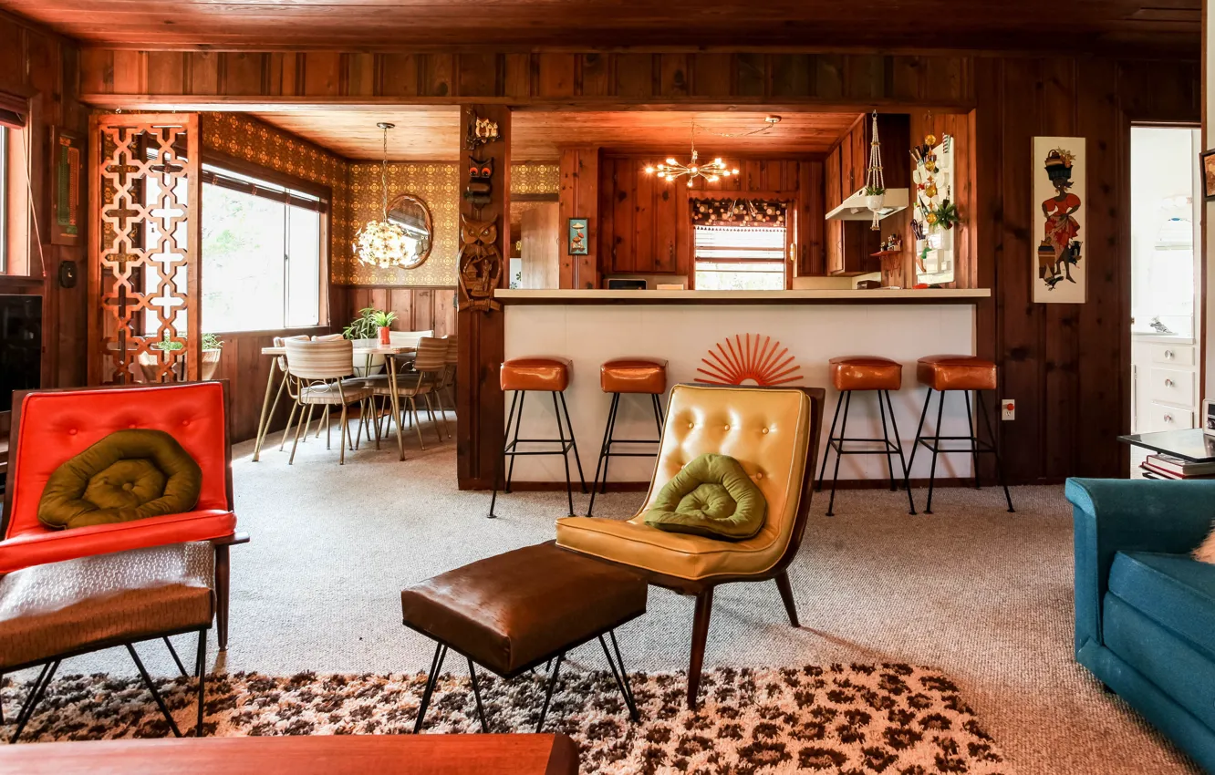 Фото обои дизайн, интерьер, кухня, ретро стиль, гостиная, столовая, теплые цвета, Retro Madmen Home