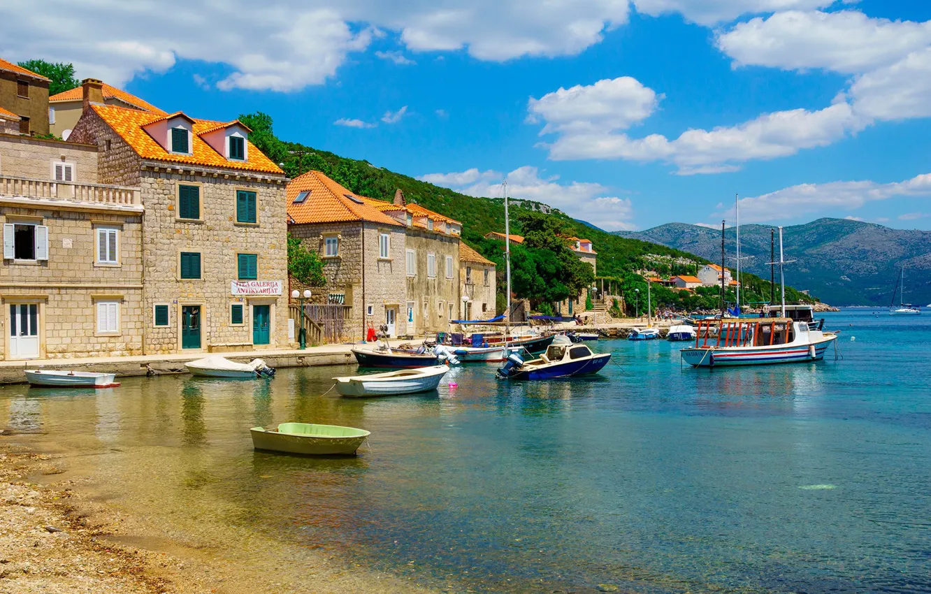 Фото обои море, город, лодки, Хорватия, остров Шипань, Suđurađ, Сучурач, Šipan