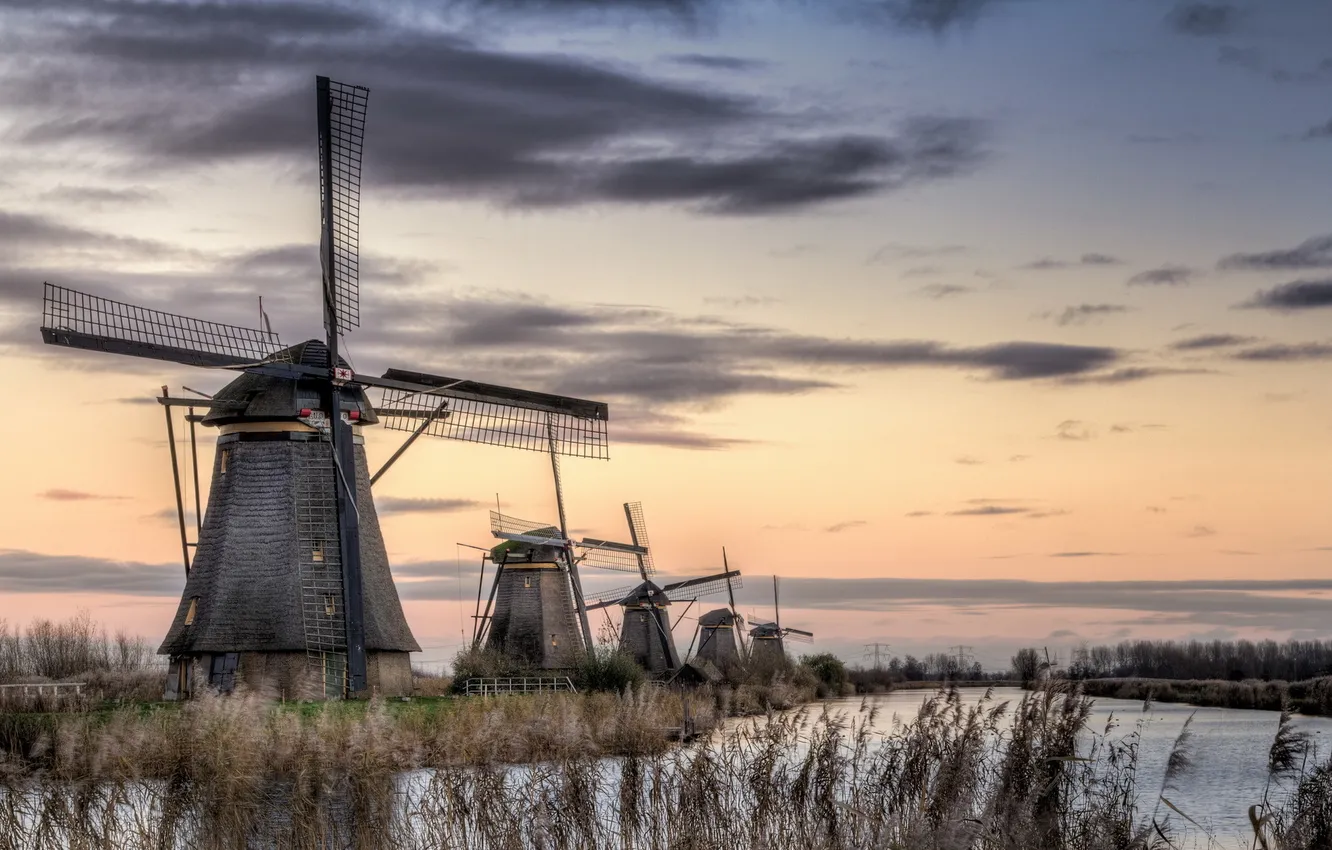 Фото обои пейзаж, мельницы, Holland, Kinderdijk