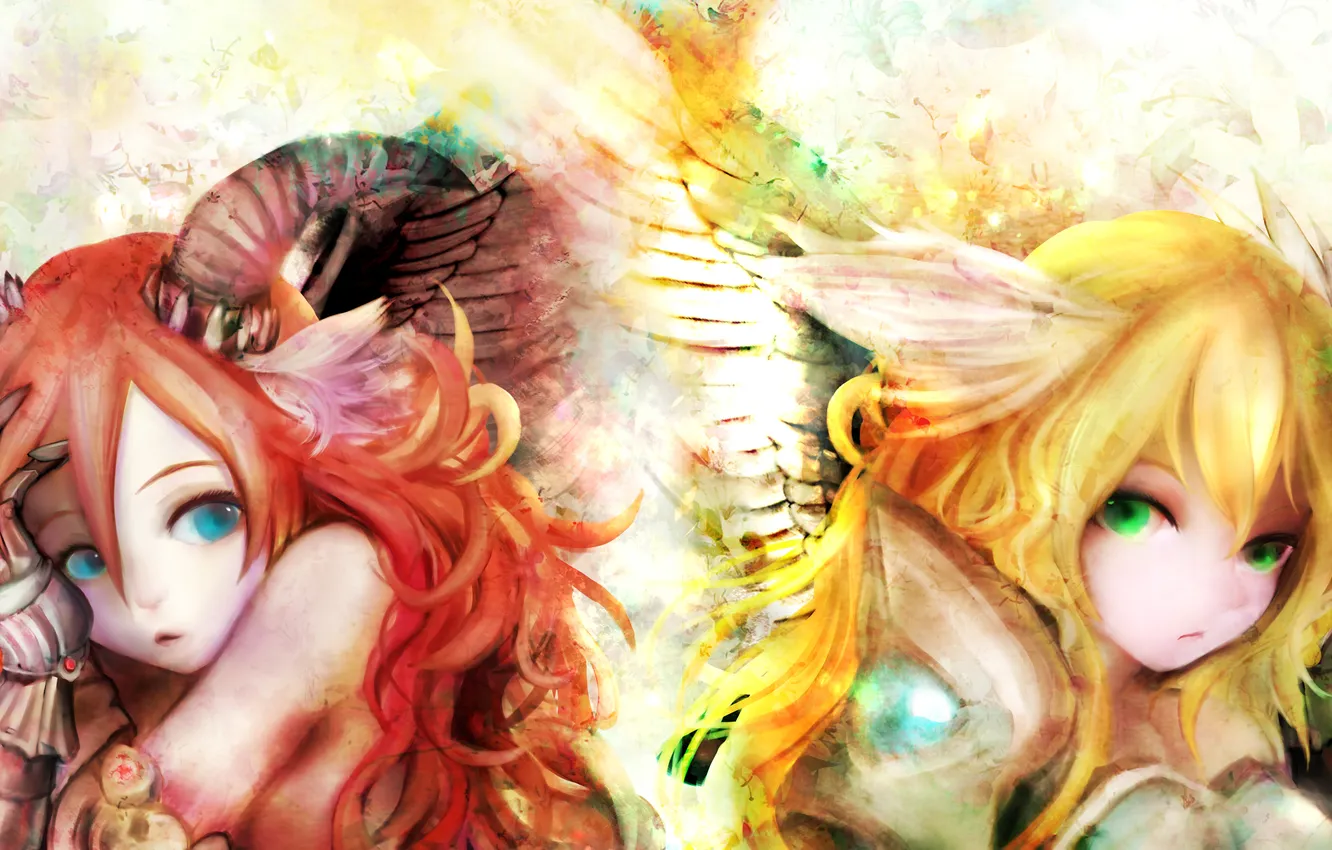 Фото обои отражение, девушки, рисунок, крылья, ангел, рога, демоница, zhang xiao bo