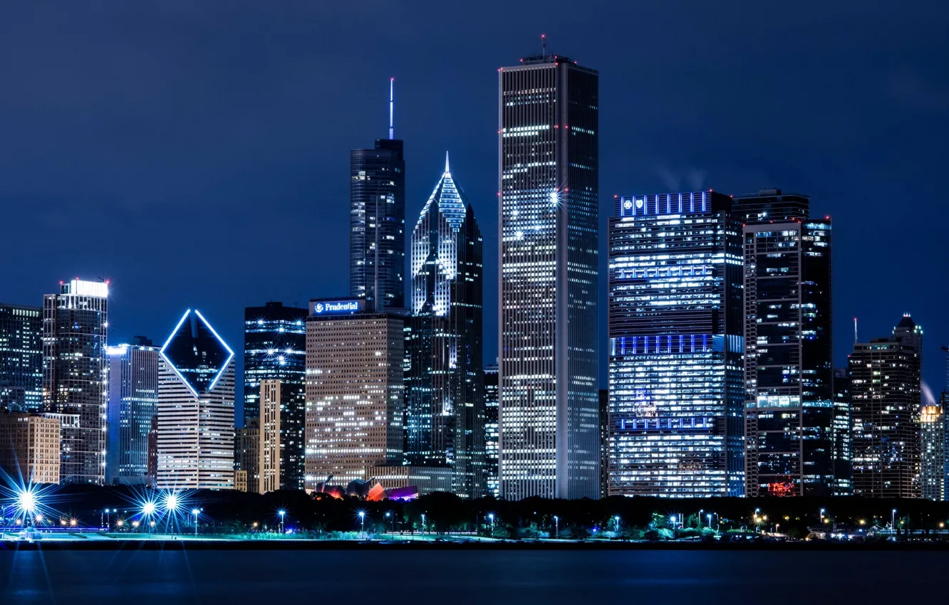 Фото обои ночь, город, река, здания, дома, небоскребы, Чикаго, USA