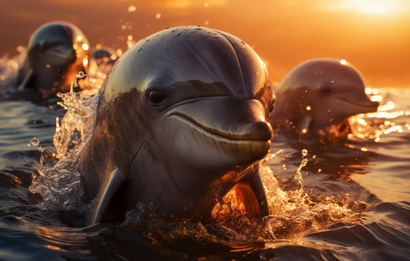 Фото обои Вода, Морда, Дельфины, Трое, Цифровое искусство, ИИ-арт, Искусство искусственного интеллекта, Нейросеть
