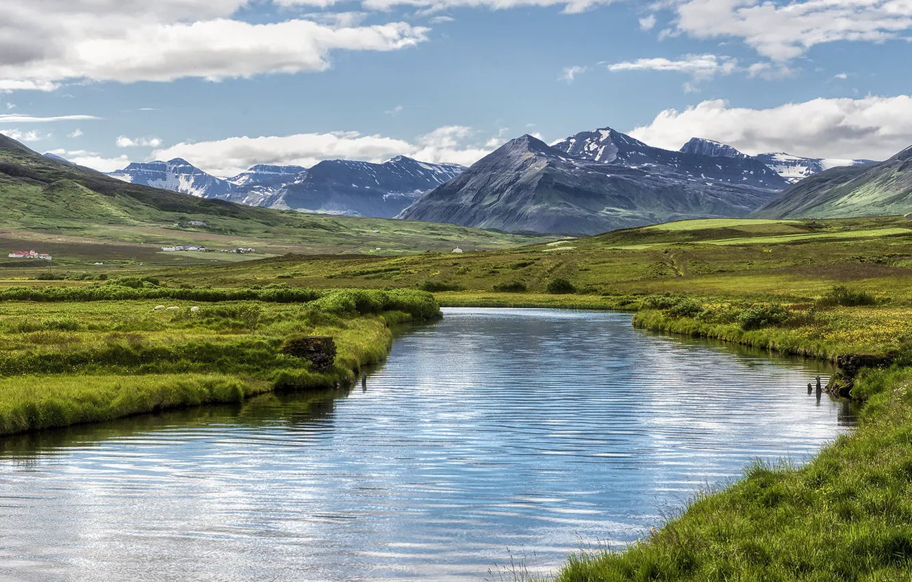 Фото обои горы, река, долина, Исландия