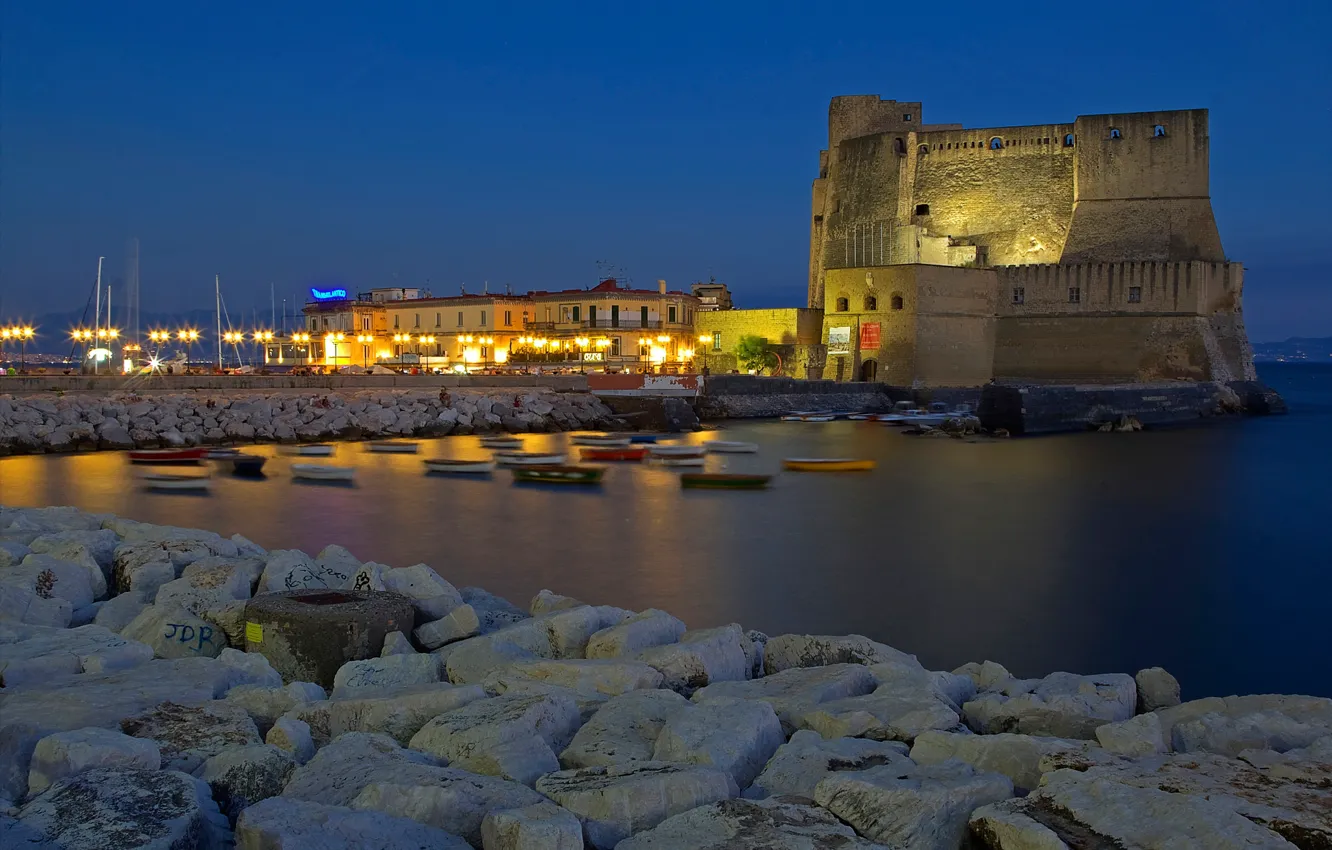 Фото обои ночь, огни, Италия, крепость, Неаполь, Кастель-дель-Ово