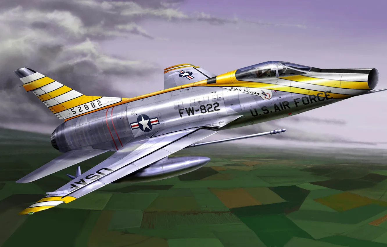 Фото обои war, art, painting, aviation, jet, North American F-100 Super Sabre