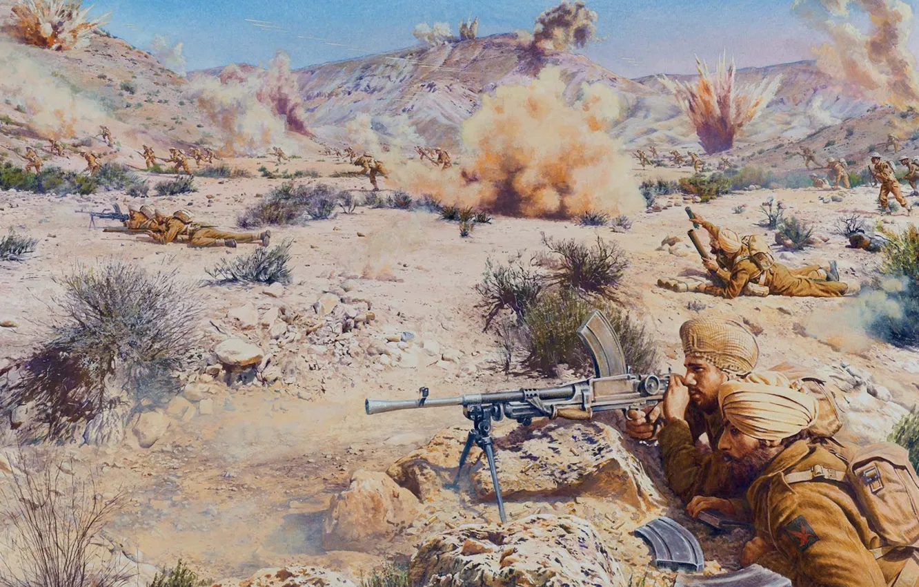 Фото обои песок, камни, война, рисунок, взрывы, бой, арт, солдаты