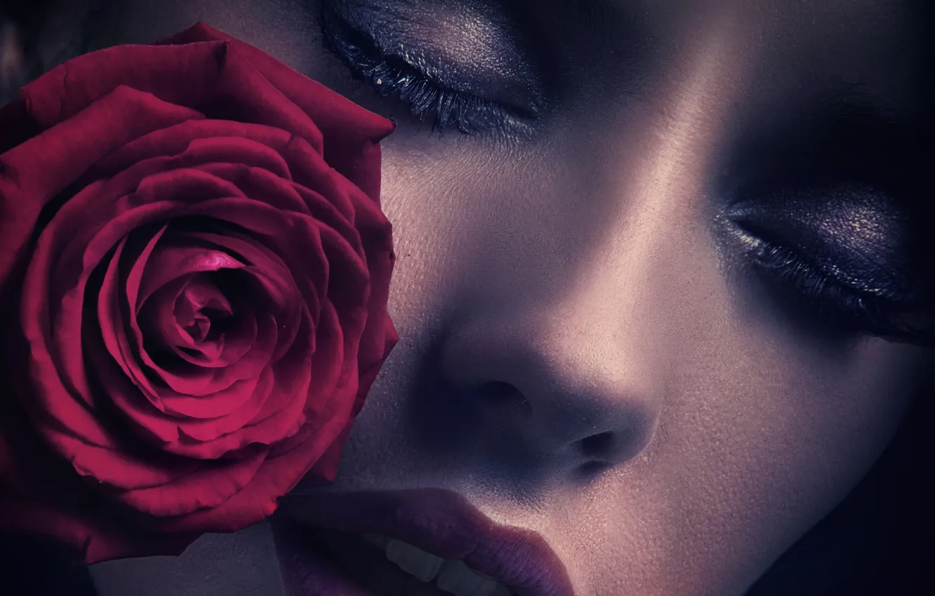 Фото обои девушка, лицо, ресницы, роза, губы, крупным планом, закрытые глаза