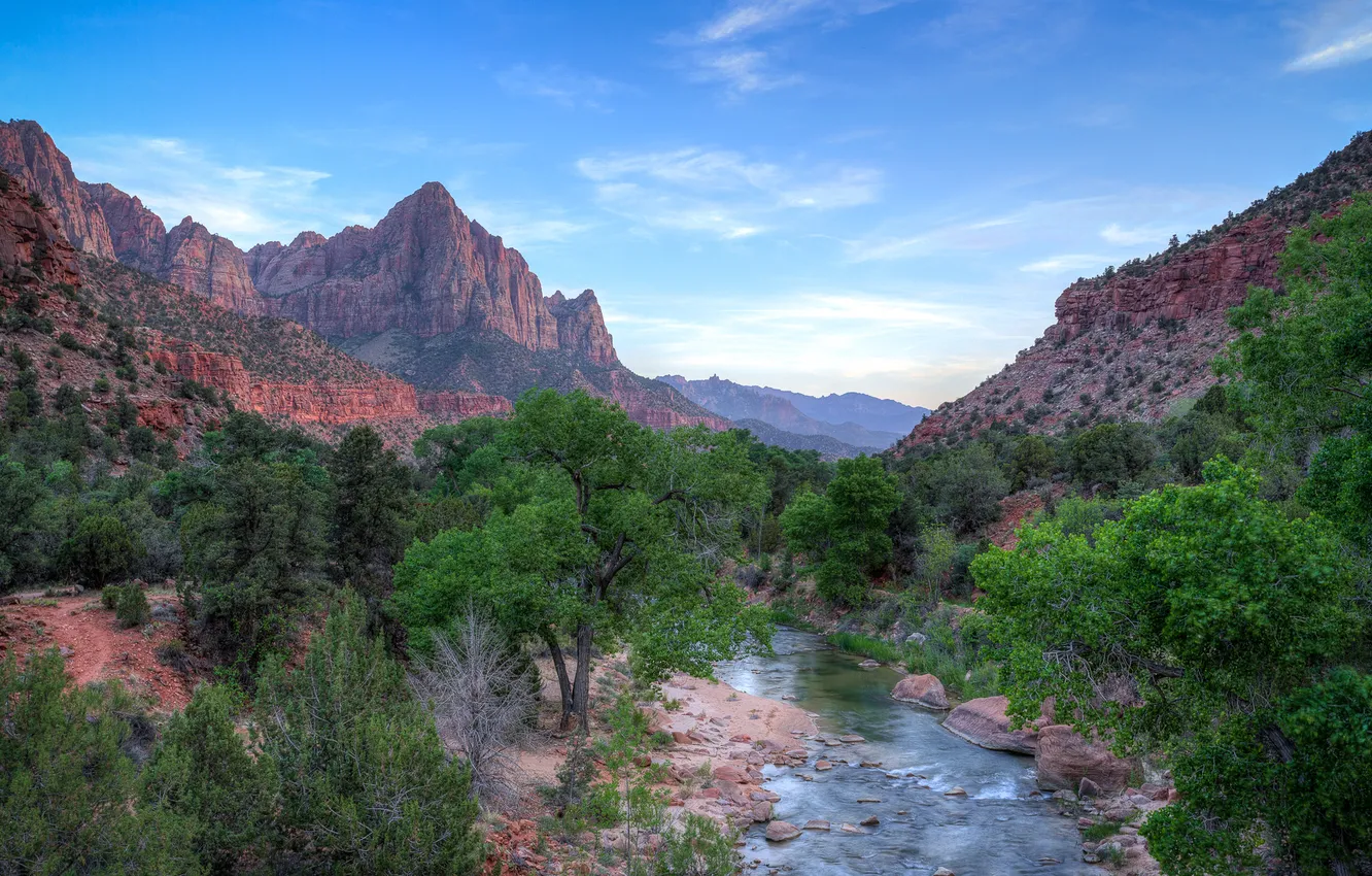 Фото обои небо, деревья, горы, река, Юта, США, zion national park