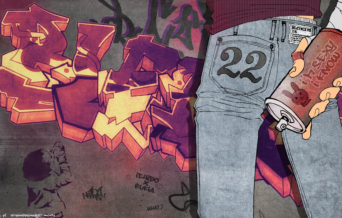 Фото обои стена, граффити, джинсы, graffiti, bleach, балончик, kubo tite, kurosaki ichigo